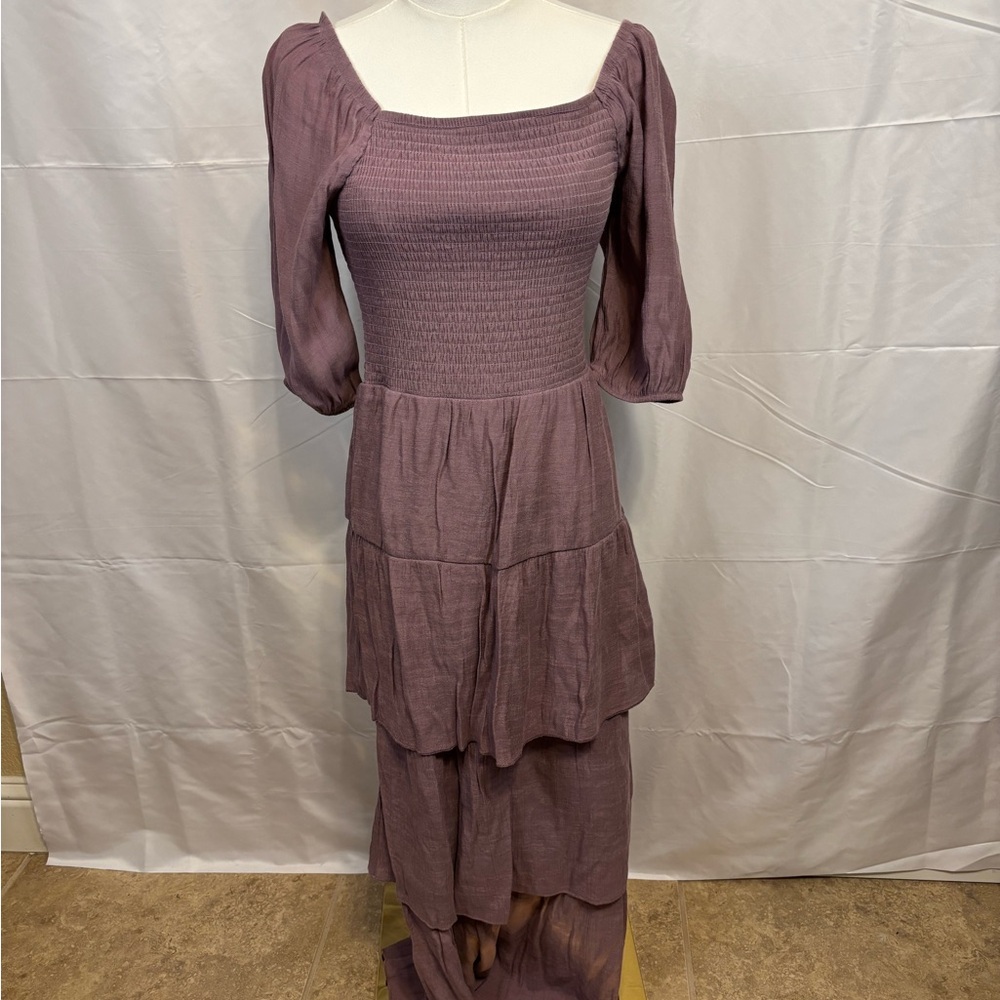 Kings Road Mauve Smocked Tiered Maxi Dress PM Petite‎ Medium Boho